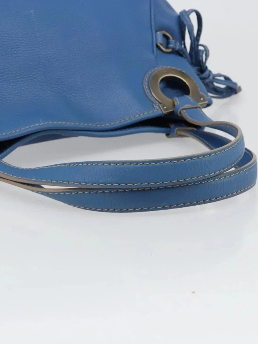 Salvatore Ferragamo Gancini Tote Bag Leather Blue Gold Auth 185584A